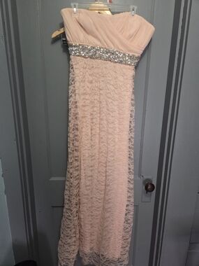 My Michelle Blush Pink Strapless Lace Prom Dress Beaded Waist Juniors 15